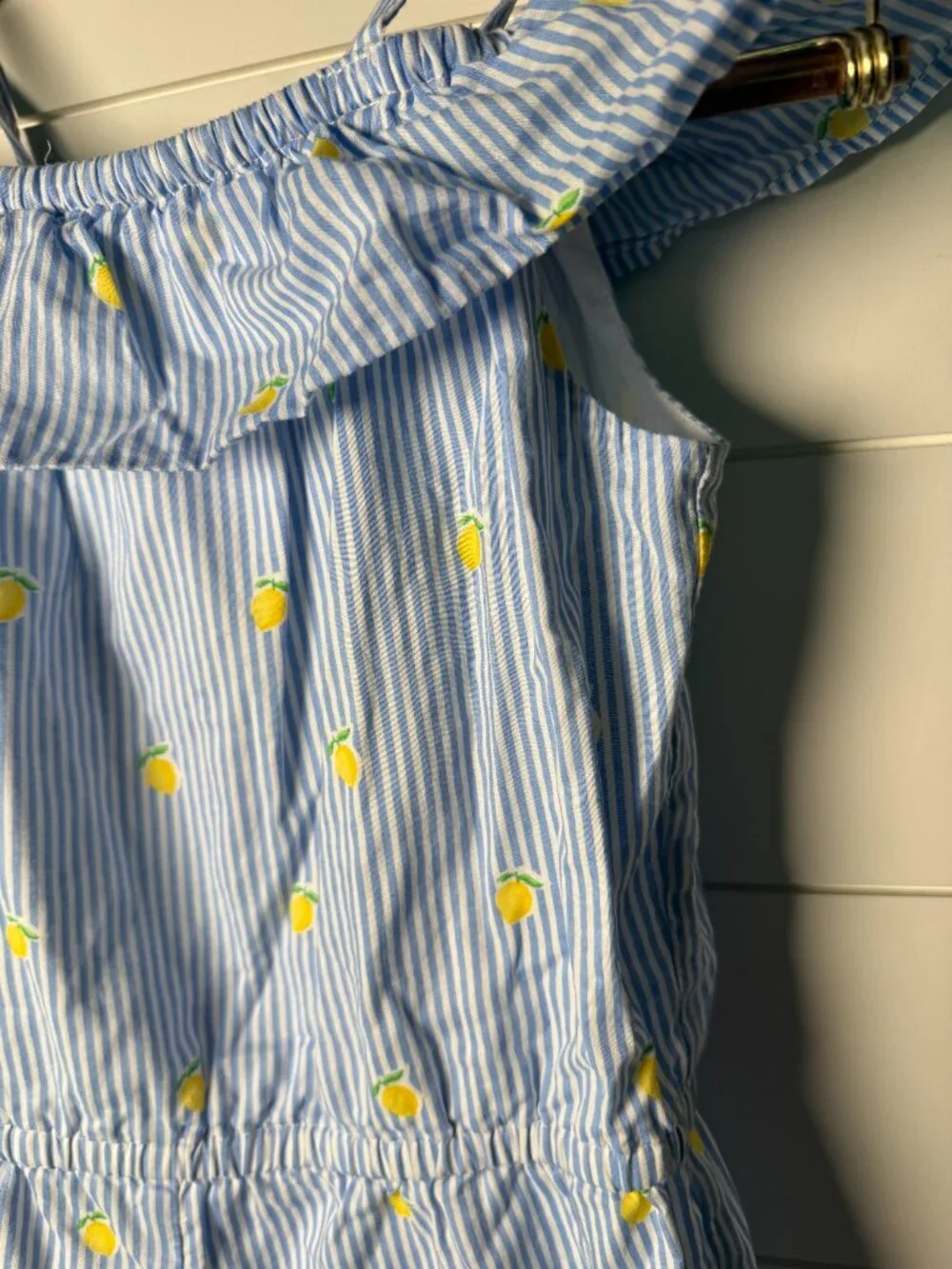 Janie & Jack Girls Short Romper Blue White Stripes with Lemons 100% Cotton Sz 7